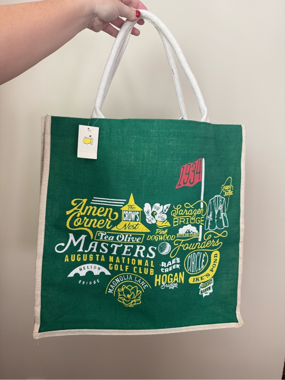NWT Masters Jute Tote Bag Green with Icons and Phrases